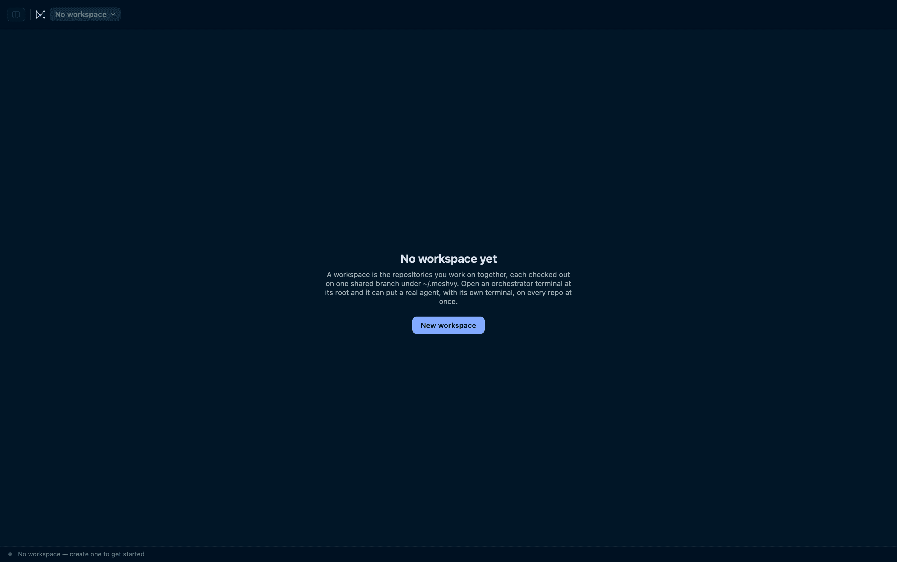 Meshvy on first launch: an empty canvas with a prompt to create a workspace.