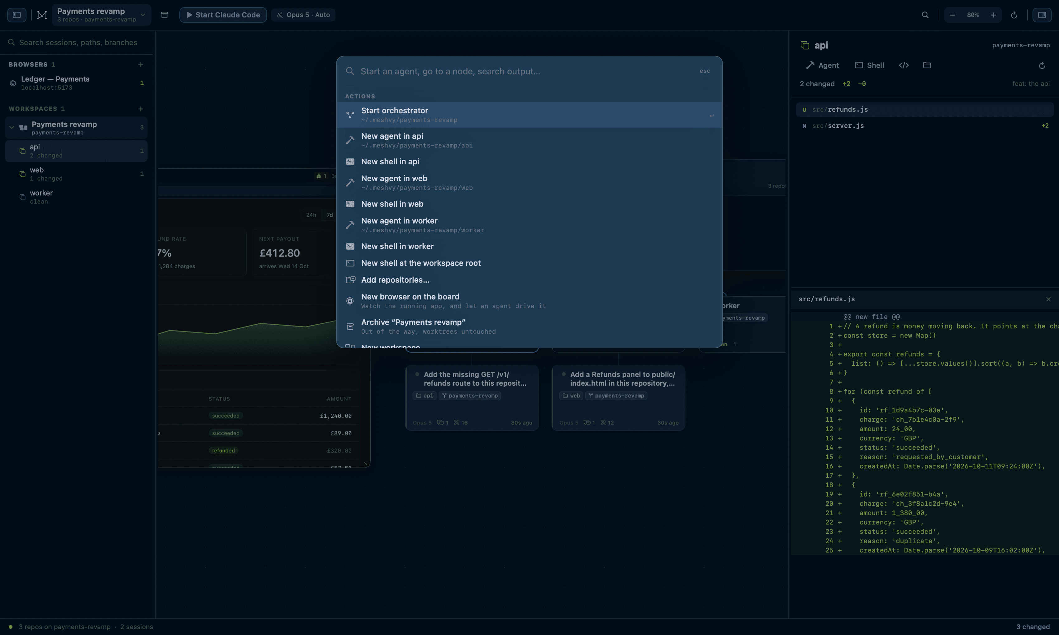 The Meshvy command palette open over the canvas, listing matches across workspaces, repositories and running terminals.